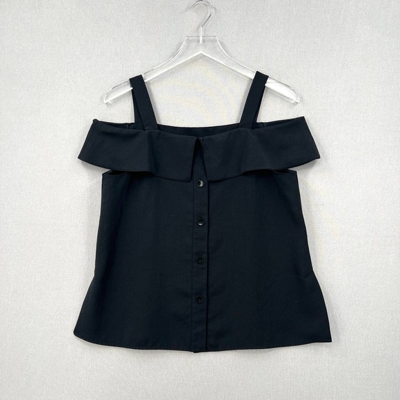 TIBI Shirt Womens 2 Black Strappy Off the Shoulder Top Button front Blouse - Picture 2 of 11